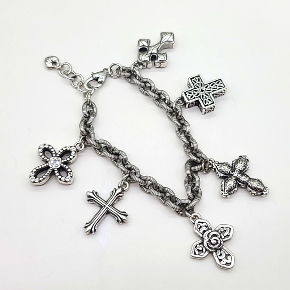 $88 Brighton "Devotion: Faithful" Silver Christian Multi Cross Charm Bracelet!